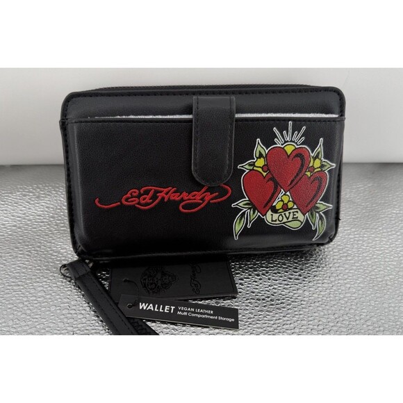 NWT Ed Hardy Bifold Zip Around Wristlet - Triple Hearts - Picture 2 of 4